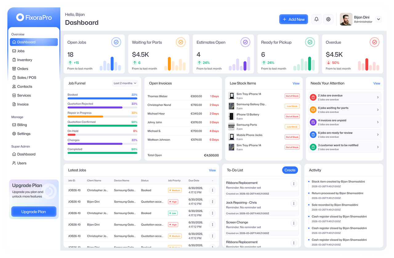 FixoraPro Dashboard — Manage repairs, inventory, POS and more from a unified platform