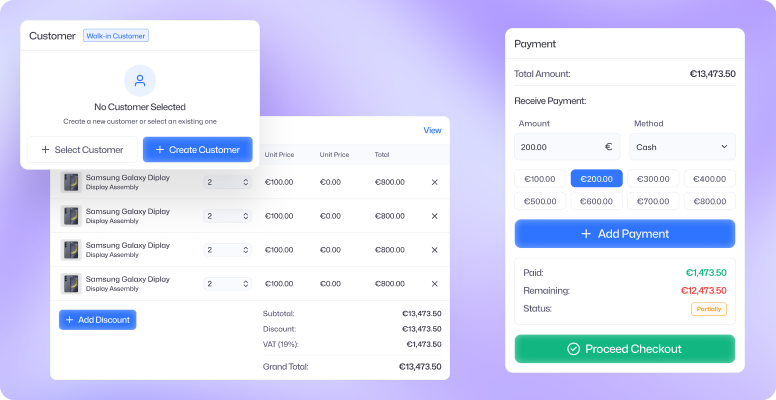 Sales and POS module showing customer profiles, invoices, and payment records